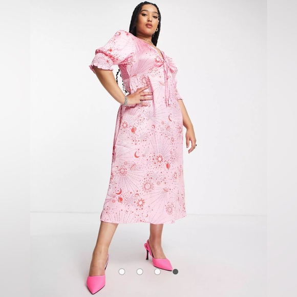 Neon Rose Ruched Bust Midi Tea Dress In Pink Red Celestial Satin Size XL… - Picture 3 of 14